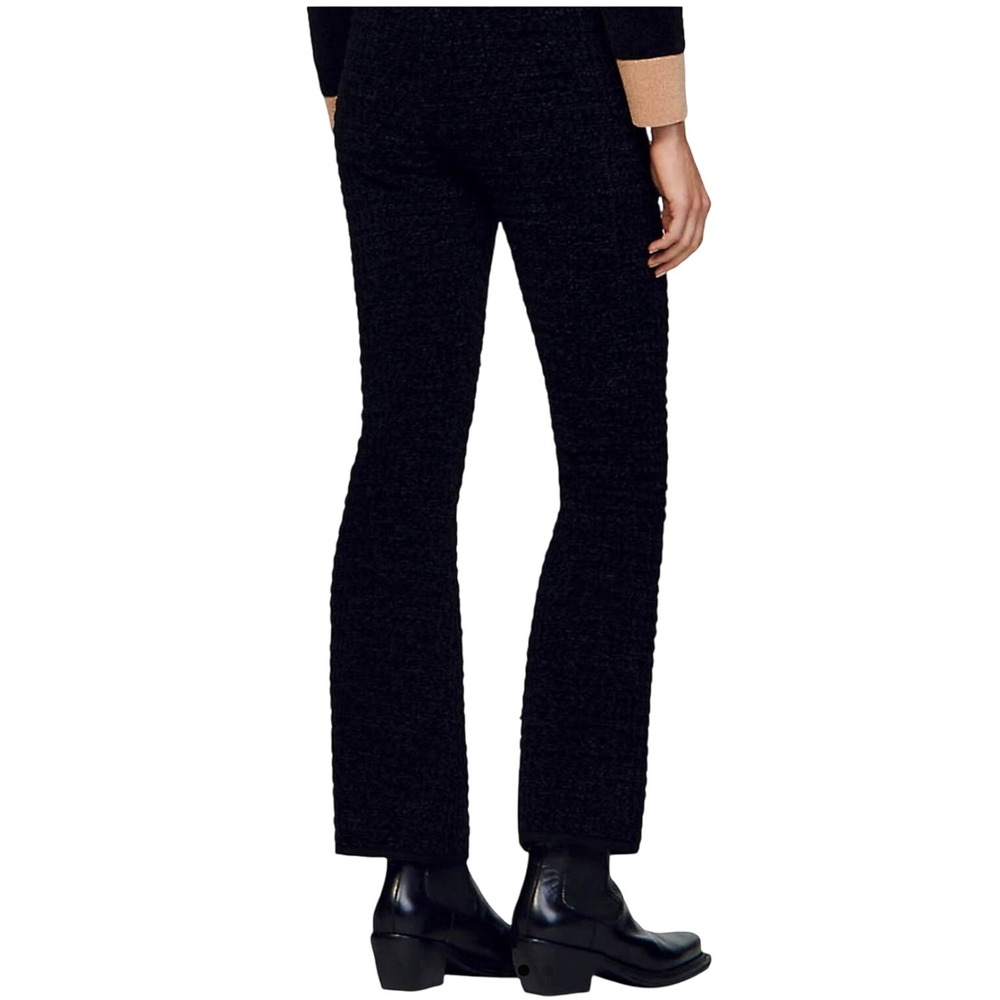 Sandro Black Tweed Flared Leg Mid Rise Velvet Textured Trousers Stretch Sz 2 NWT - Picture 2 of 12